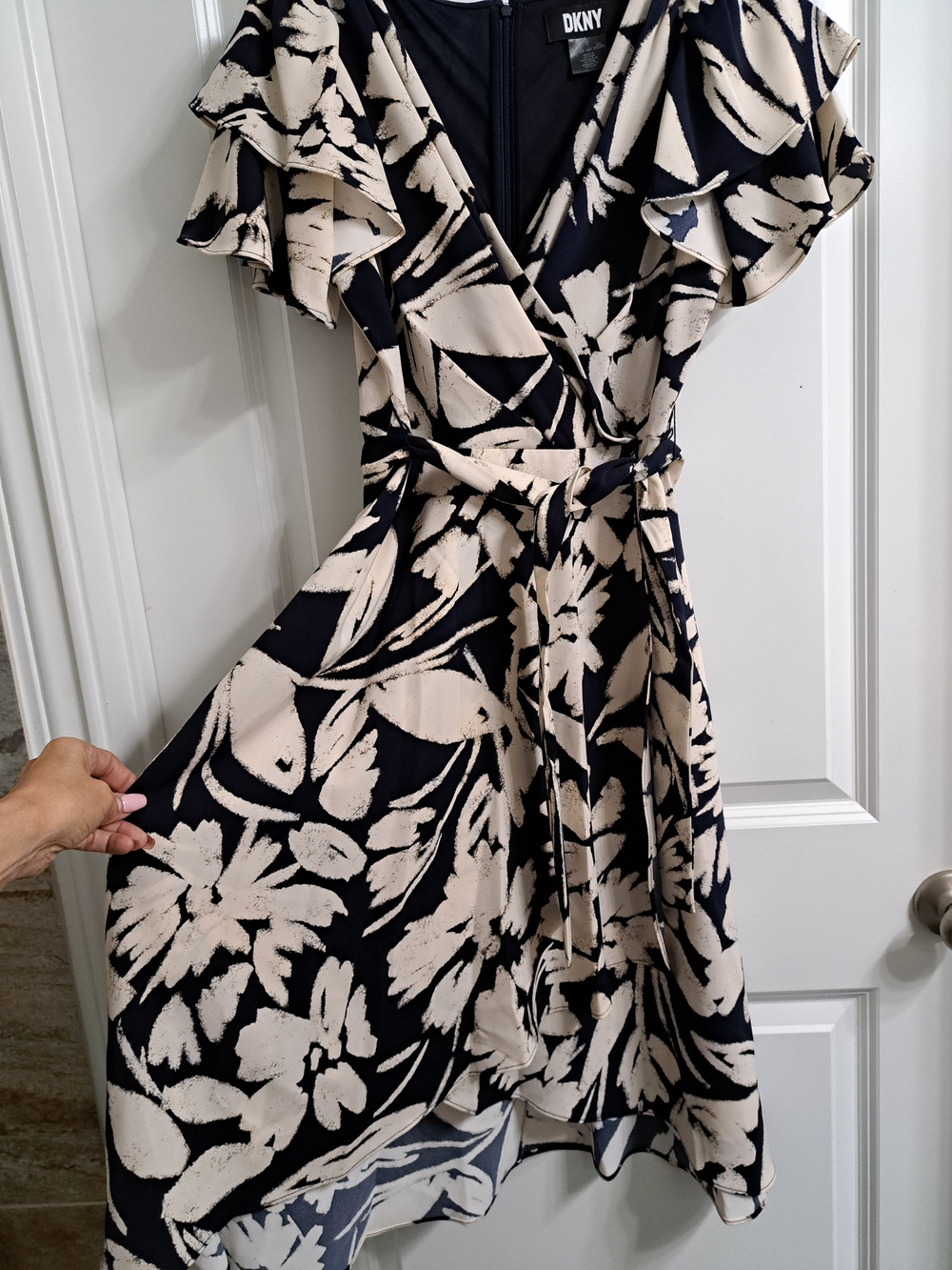 DKNY Navy and Cream Floral Midi Wrap Dress